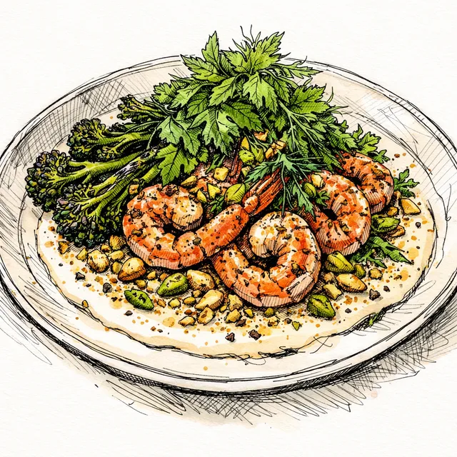 High-Heat Shrimp & Charred Broccolini with Sumac–Meyer Lemon Tahini, Pistachio Dukkah Crunch, and a Mountain of Herbs
