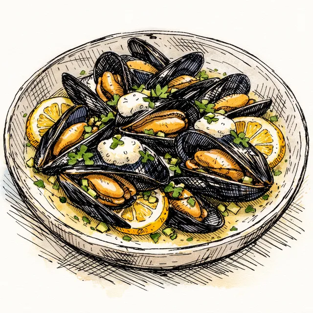 Chenin-Steamed Mussels with Green Garlic, Meyer Lemon & Crème Fraîche