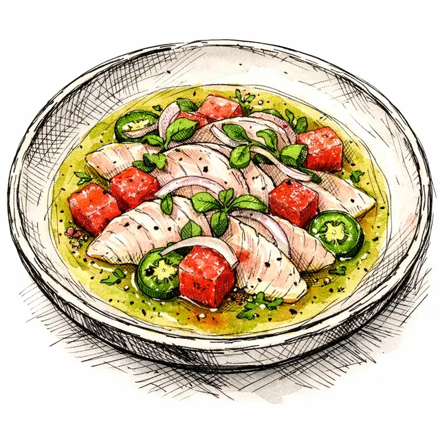 Hamachi & Watermelon Aguachile with Yuzu-Serrano Broth