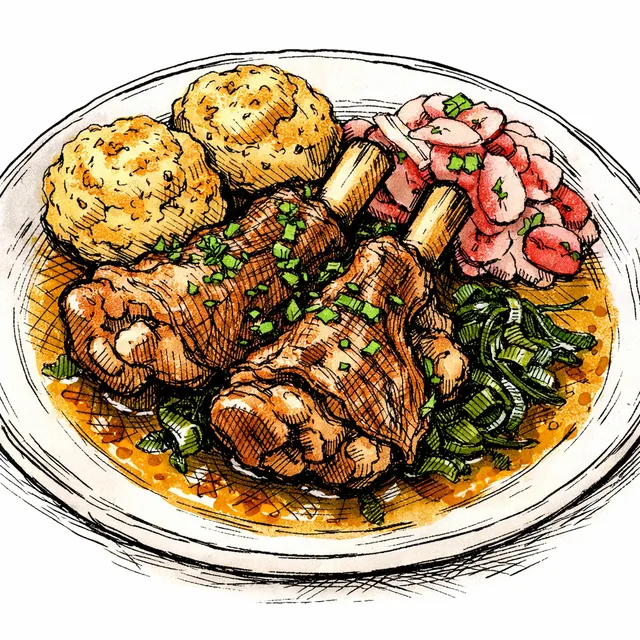 Potlikker-Braised Spring Lamb Shanks with Benne Seed Drop Biscuits & Pickled Radish Relish