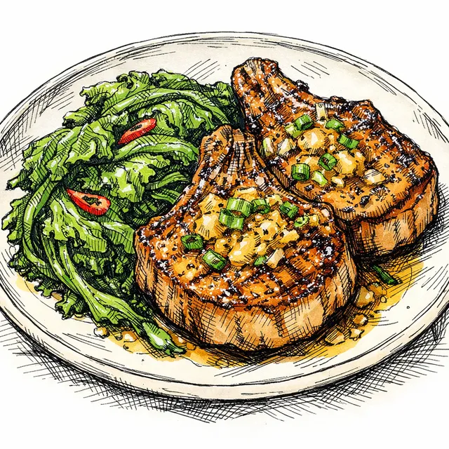 Cast-Iron Thick-Cut Pork Chops with Miso-Garlic Basting Butter & Wilted Mustards