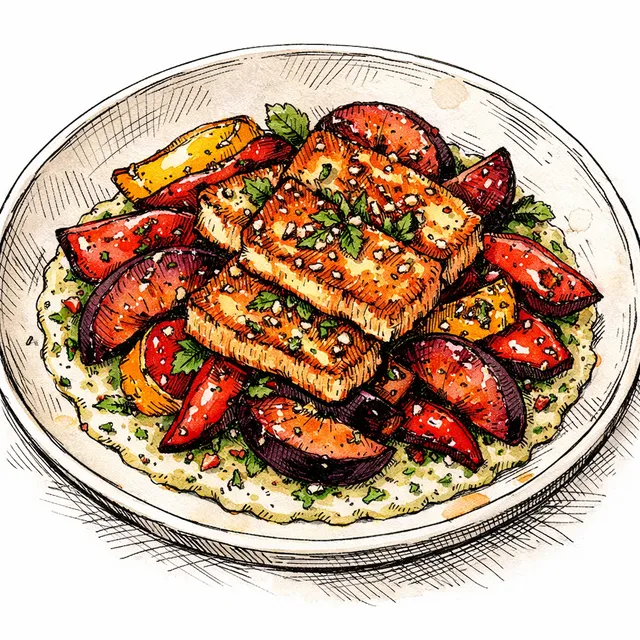 Fire-Roasted Sweet Peppers & Plums with Crispy Halloumi Steaks