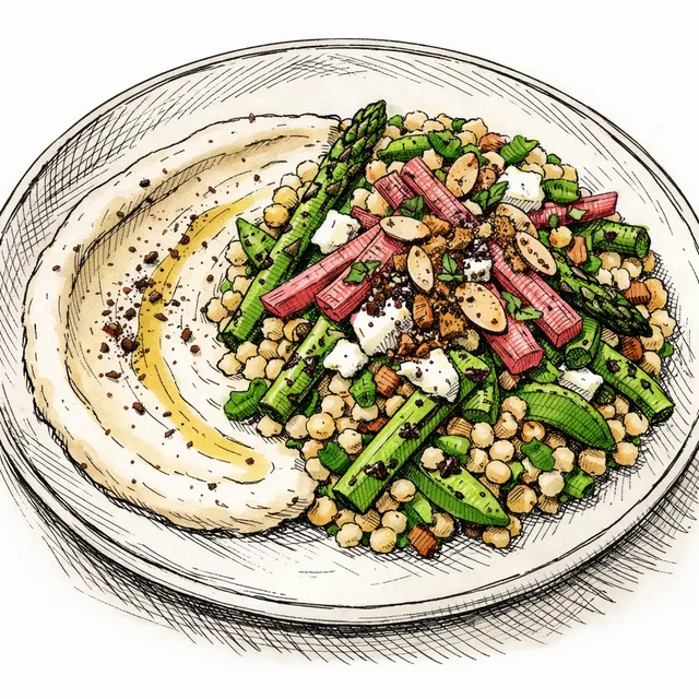 Charred Asparagus & Snap Pea Pearl Couscous with Pickled Rhubarb, Feta-Tahini Swoosh, and Sumac-Almond Crunch