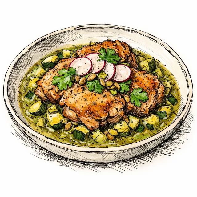 30-Minute Fast-Braised Chicken Thighs en Pipián Verde con Calabacitas