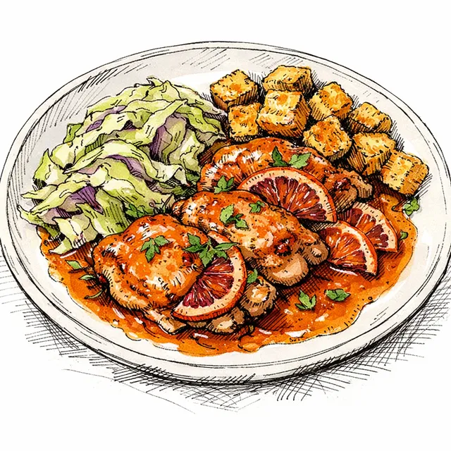 Buttermilk-Brined Chicken Thighs with Blood Orange Pan Gravy, Braised Cabbage & Crispy Cornbread Croutons