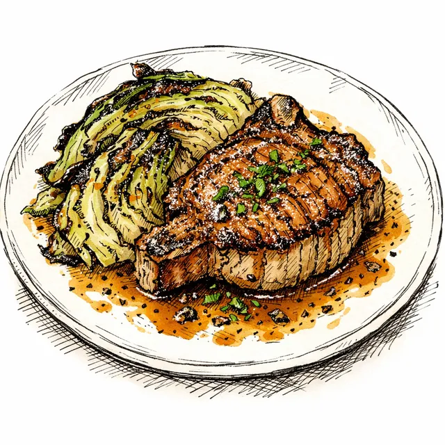 Pan-Roasted Thick-Cut Pork Chops with Charred Spring Cabbage & Bourbon-Mustard Pan Jus