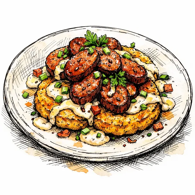 Cast-Iron Crisped Andouille & Heritage Grit Cakes