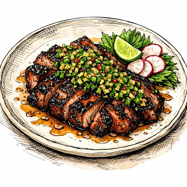 Smoky Ancho-Miso Char-Grilled Pork Shoulder with Shiso Salsa Crunch