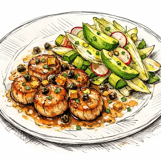 Seared Scallops Grenobloise(ish) with Brown-Butter Meyer Lemon, Crispy Capers & Avocado–Endive Salad
