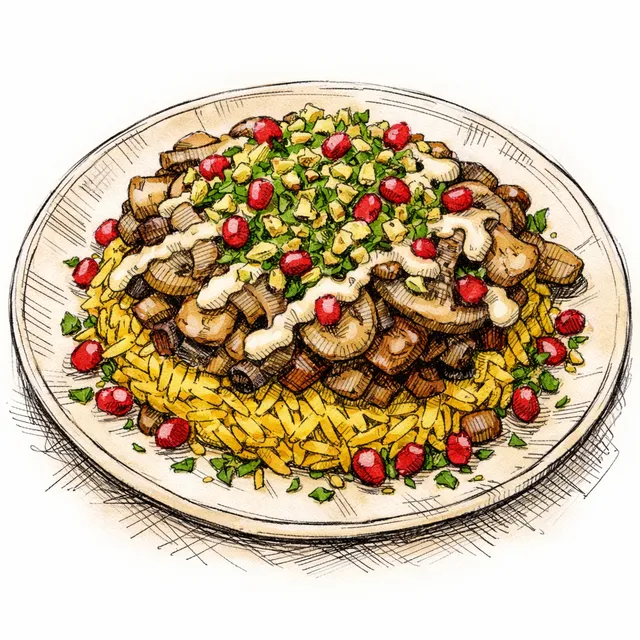 Jerusalem Artichoke & Mushroom Maqluba with Saffron Rice, Lemon-Pistachio Gremolata, and Pomegranate Tahini