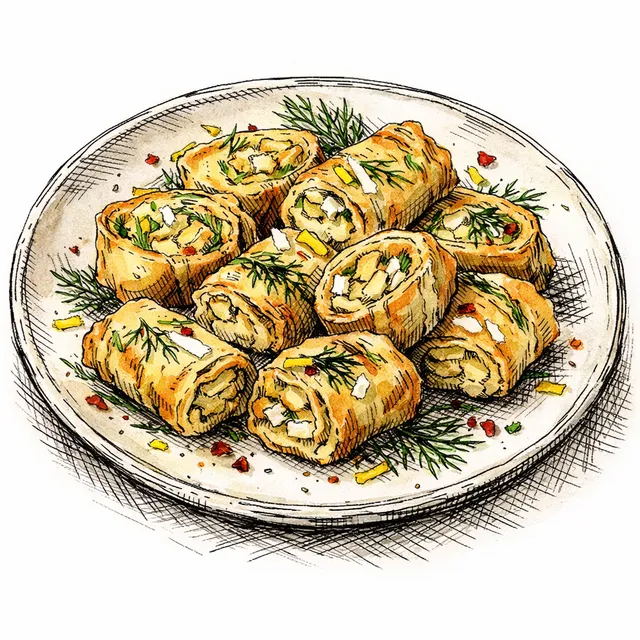 Artichoke–Feta Phyllo “Roulettes” (Lemon Zest, Dill, Aleppo)