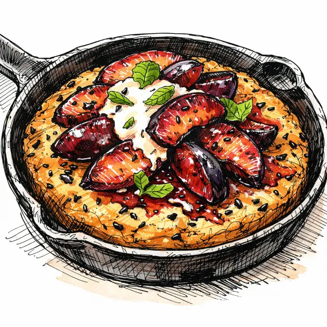 Flash-Roasted Macerated Plums with Black Sesame Skillet Blondie