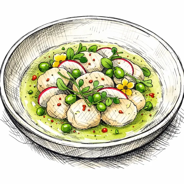 Kobujime Scallop Crudo with Spring Pea & Yuzu Leche de Tigre