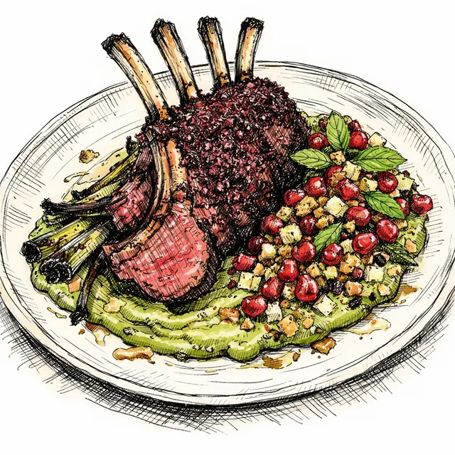 Sumac-Crusted Rack of Lamb with Charred Scallion-Pea Tahini & Pomegranate-Mint Crunch