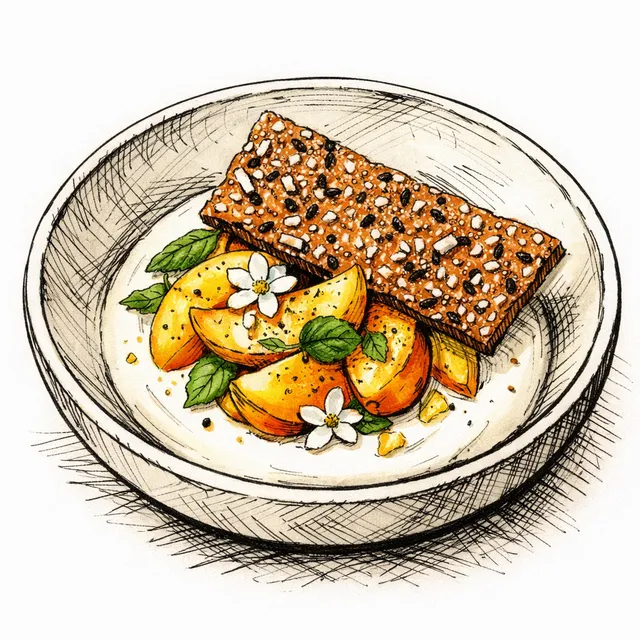 Cold-Infused Jasmine Cream with Yuzu-Dressed Yellow Peaches & Salted Sesame Snap