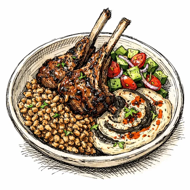 Shio Koji Lamb Chop Bowl with Black Garlic-Harissa Tahini & Toasted Farro