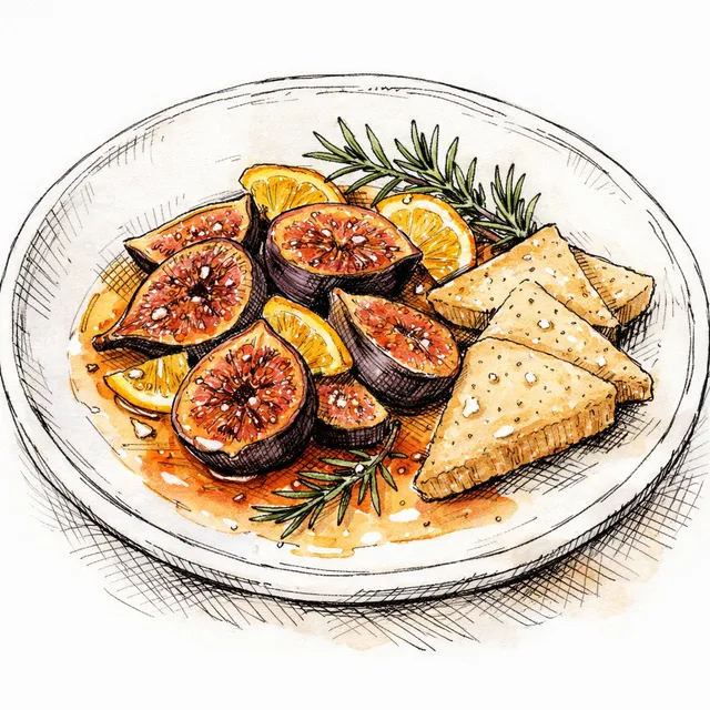 Cold-Infused Rosemary-Citrus Syrup with Pan-Seared Autumn Figs & Salted Tahini Shortbread