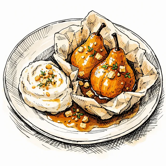 Parchment-Poached Pears with Ginger-Maple & Cold Ricotta Whip
