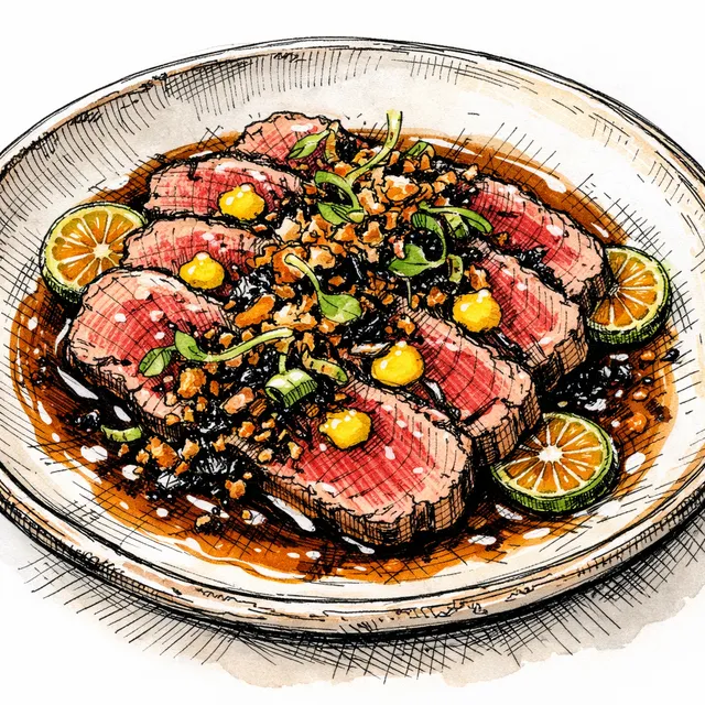 Beef Tataki with Calamansi–Tamarind Ponzu, Aji Amarillo Kosho, and Crispy Shallot–Nori Crunch