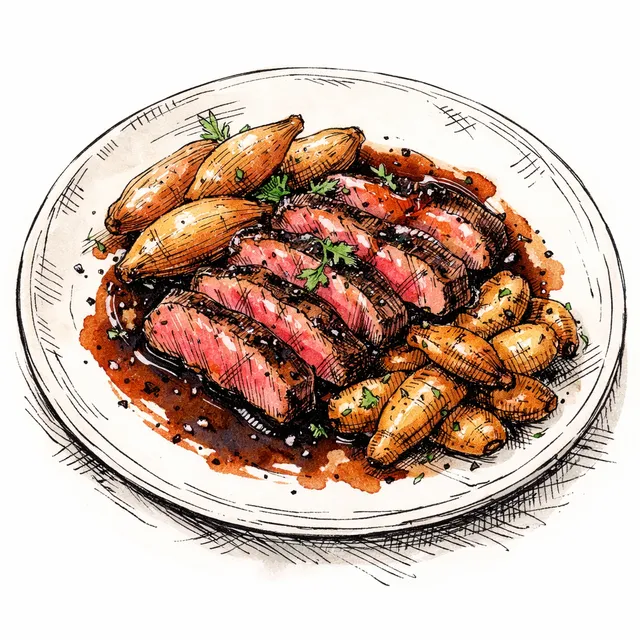 Pan-Roasted Bistro Bavette Steak with Melting Torpedo Shallots, Crispy Fingerlings & Cabernet Pan Jus