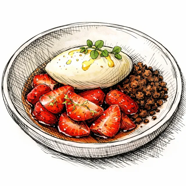Cold-Macerated Lime Strawberries with Iced Olive Oil Cream & Espresso Sand
