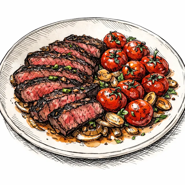 15-Minute Ancho-Garlic Hanger Steak & Blistered Tomato Skillet