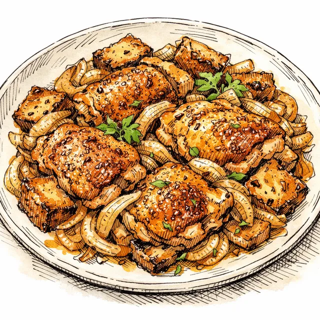 Sheet-Pan Schmaltzy Chicken Thighs with Crispy Sourdough & Jammy Onions