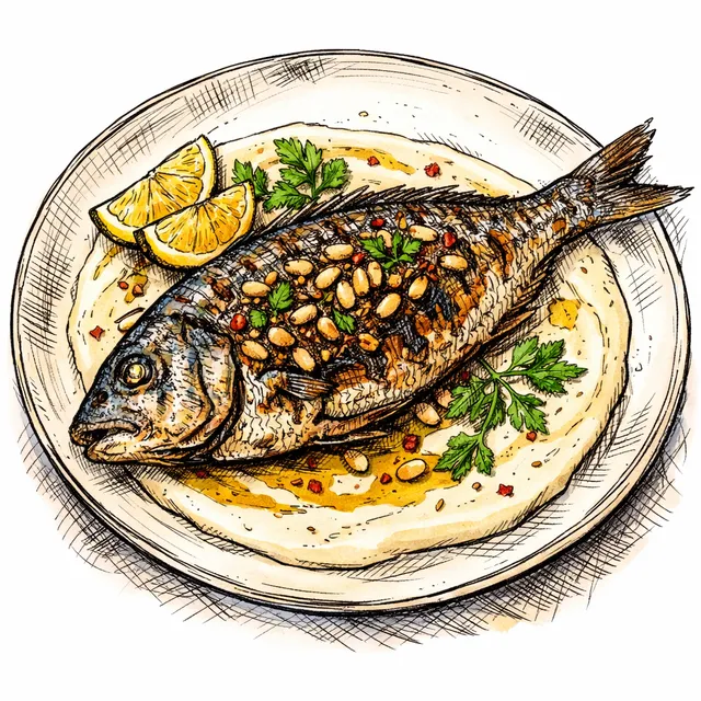 Fire-Roasted Whole Sea Bream with Sizzling Aleppo-Pine Nut Butter over Velvet Lemon-Garlic Tahini