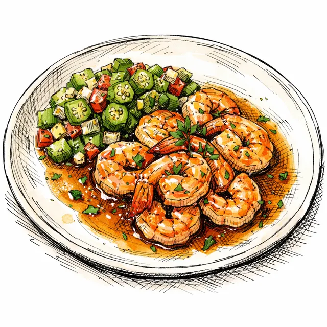 Delicate Sautéed Shrimp with Bourbon-Fish Sauce Butter & Quick Okra Relish