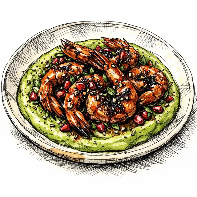 Fire-Scorched Prawns with Urfa-Pomegranate Glaze over Velvet Green Tahini