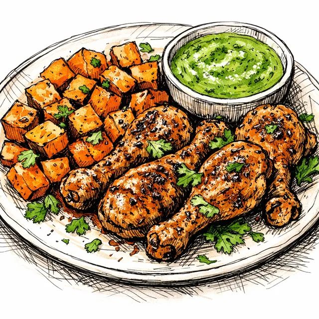Sheet-Pan Peruvian-Spiced Chicken Drumsticks with Sweet Potatoes & Green Sauce