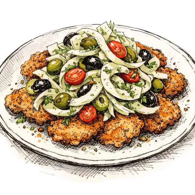 The Milanese Canopy: Crispy Chicken Cutlets with Shaved Fennel and Olive Toss