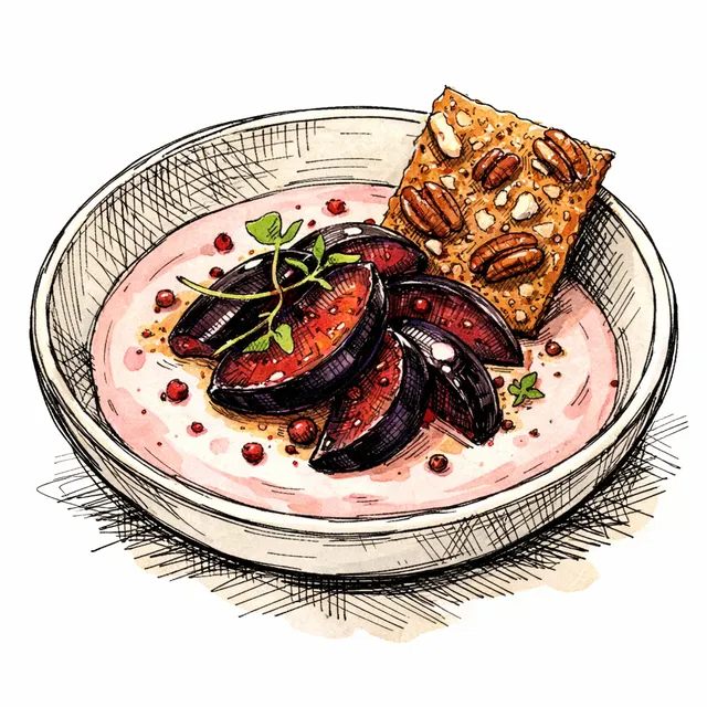 Cold-Infused Pink Peppercorn Cream with Acid-Dressed Black Plums and Salted Pecan Snap