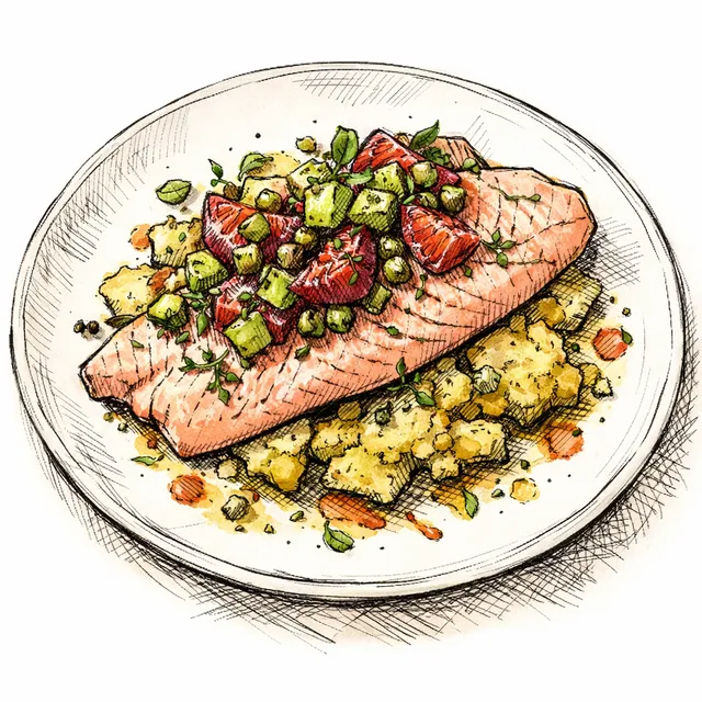 Rosé-Poached Trout with Crushed Potatoes & Blood Orange-Avocado Vierge