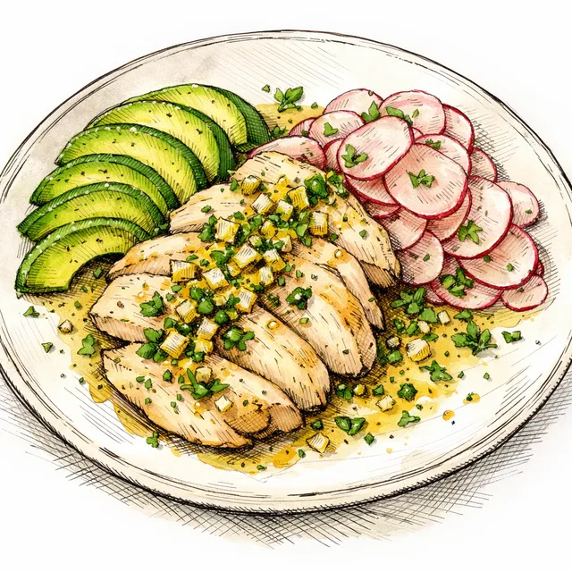 Gentle Wine-Poached Bistro Chicken with Avocado, Shaved Radishes & Meyer Lemon Ravigote