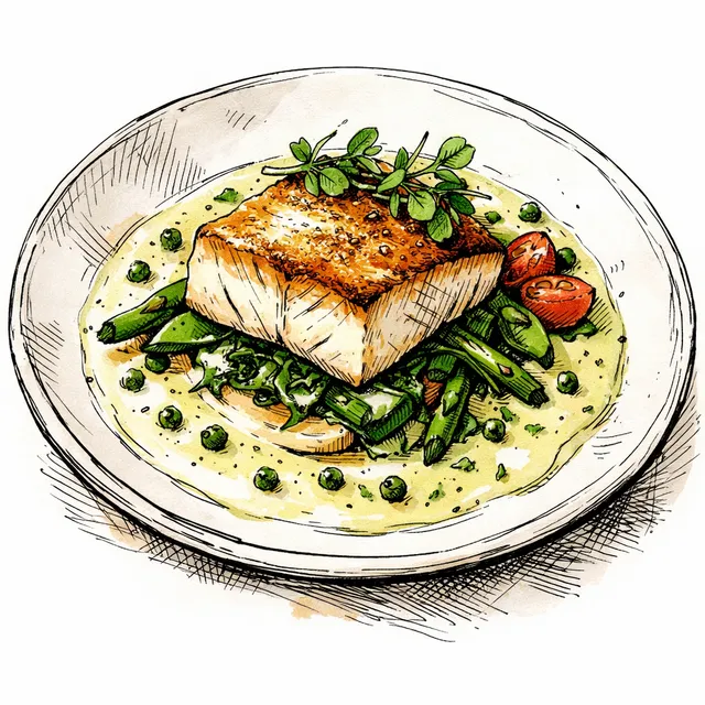 The Coastal Cantilever: Pan-Seared Halibut with Vermouth & Green Peppercorn Emulsion