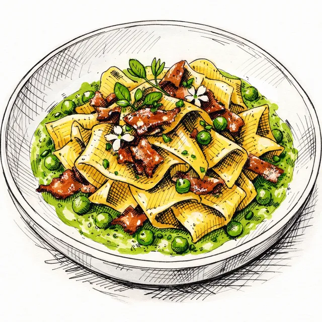 Architect's Spring Pappardelle with Crisp Speck and Sweet Pea Emulsion