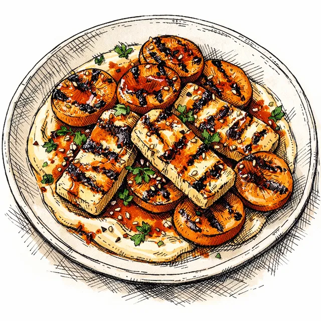 Fire-Torn Halloumi & Scorched Apricots with Harissa-Honey & Velvet Tahini