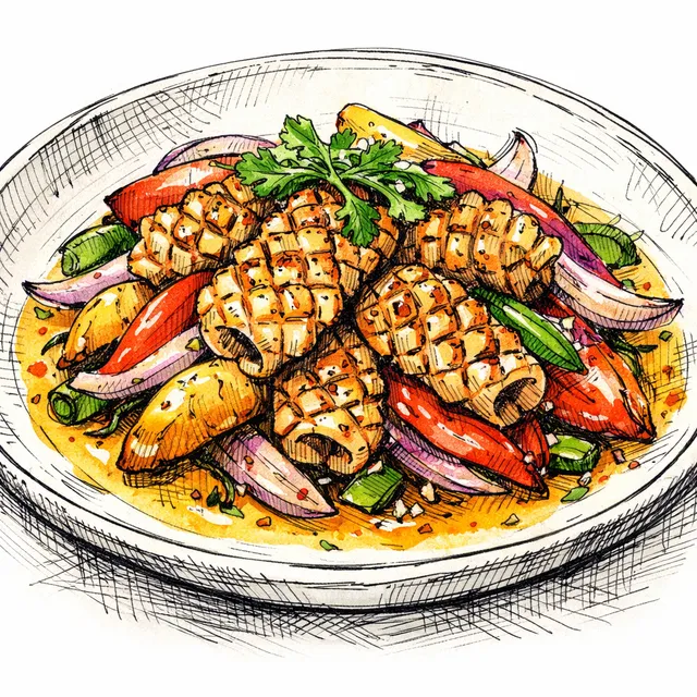 Matsukasa-Scored Squid "Saltado" with Aji Amarillo-Soy Butter