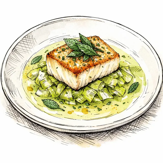 The Cernobbio Solarium: Gentle Pan-Seared Halibut with Melted Leeks and Gavi-Sage Emulsion