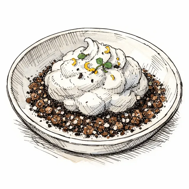 Frozen Earl Grey Cloud with Bitter Cocoa-Sesame Sand