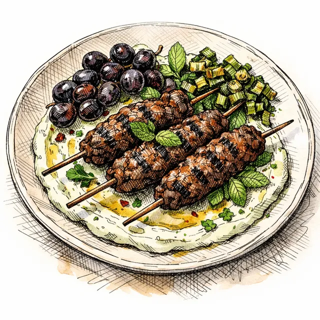 Fire-Grilled Aleppo Lamb Kofta with Blistered Grapes and Whipped Mint Tahini