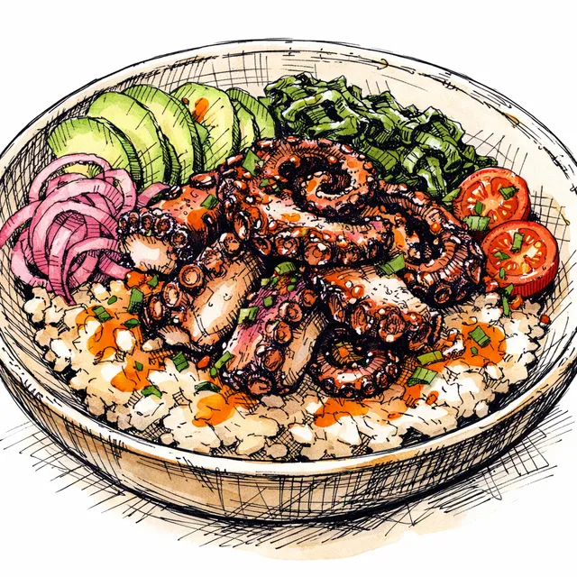 Shio Koji-Cured Charred Octopus Bowl with Yuzu-Pimentón Finishing Oil