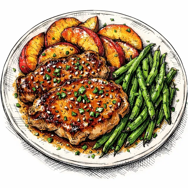Sheet-Pan Cheat Code Honey Mustard Pork Chops with Peaches & Green Beans