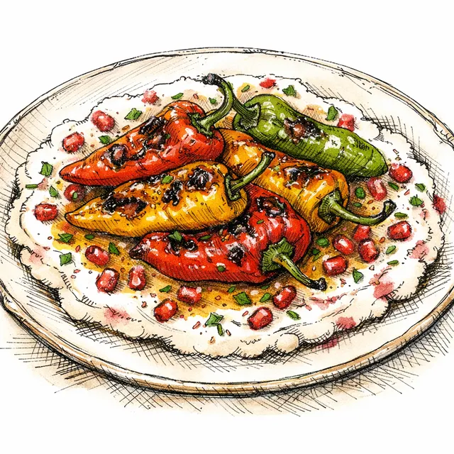Blistered Sweet Peppers over Cloud-Whipped Pomegranate Labneh