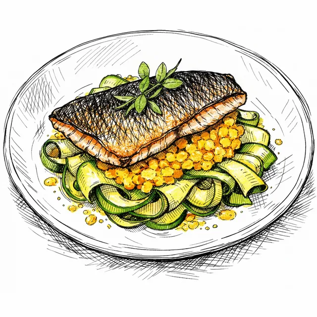 The Saffron Plinth: Crisp-Skinned Branzino over Milanese Zucchini Ribbons