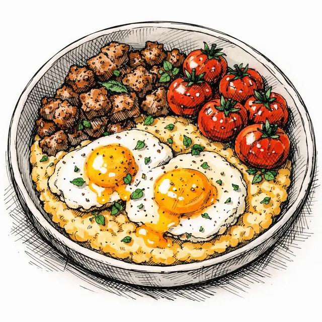 Cast-Iron Skillet Cheddar Grits with Sage Pork Sausage, Blistered Tomatoes & Runny Eggs