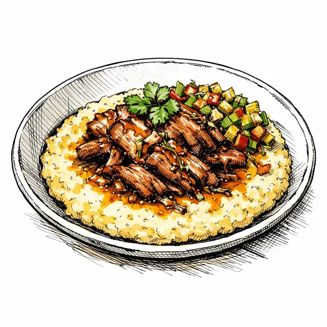 Citrus-Braised Pork Shoulder with Carolina Gold Grits & Pickled Collard Stem Relish