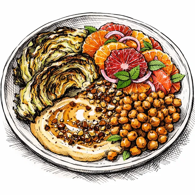 Winter Citrus & Charred Cabbage Mezze Platter with Brown-Butter Tahini, Date-Walnut Dukkah, and Aleppo-Fried Chickpeas