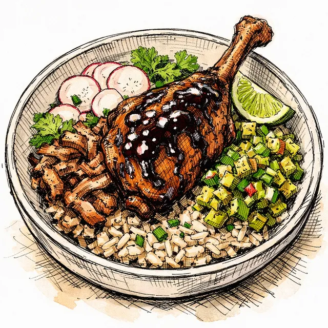 Pan-Seared Duck Leg Carnitas Bowl with Black Garlic-Tamarind Glaze & Charred Tomatillo-Yuzu Kosho Relish